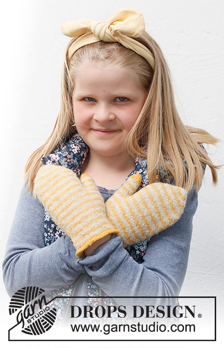 Chesire Mittens / DROPS Children 40-26 - Moufles tricotées et feutrées pour enfant en DROPS Lima. Se tricote avec des rayures. Du 2 au 12 ans.