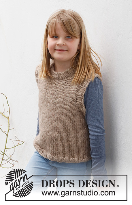 Willow Wood Vest / DROPS Children 40-4 - Pull sans manches tricoté pour enfant en DROPS Wish. Se tricote entièrement en jersey, avec bordures en côtes. Du 2 au 12 ans.