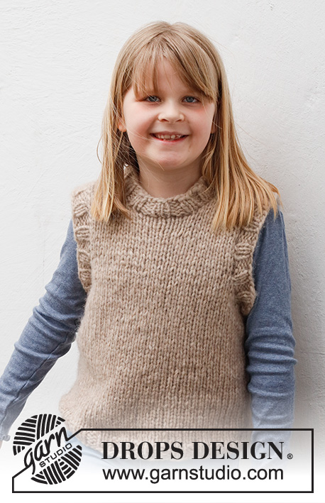 Willow Wood Vest / DROPS Children 40-4 - Pull sans manches tricoté pour enfant en DROPS Wish. Se tricote entièrement en jersey, avec bordures en côtes. Du 2 au 12 ans.