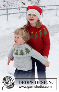 Merry Trees / DROPS Children 41-17 - Pulôver e gorro para criança tricotados em DROPS Air. O pulôver tricota-se de cima para baixo com encaixe arredondado e jacquard de árvore de Natal. O gorro tricota-se em redondo, de cima para baixo. Tamanhos: 2 - 14 anos. Tema: Natal.