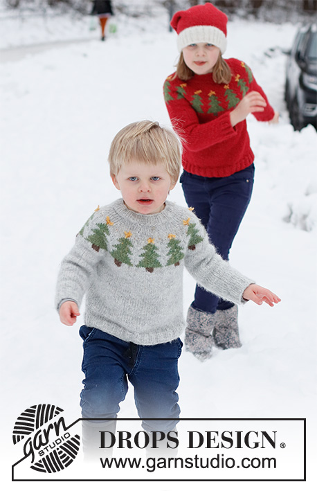 Merry Trees / DROPS Children 41-17 - Pull de Noël et bonnet enfant tricotés en DROPS Air. Le pull se tricote de haut en bas avec empiècement arrondi et jacquard sapin de Noël. Le bonnet tricote en rond, de bas en haut. Du 2 au 14 ans. Thème: Noël.