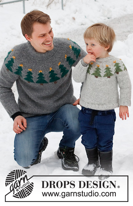 Merry Trees / DROPS Children 41-2 - Pulôver para criança tricotado de cima para baixo com encaixe arredondado e jacquard com árvore de Natal, em DROPS Air. Tamanhos: 2 - 14 anos. Tema: Natal.