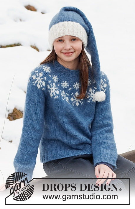 Merry Stars / DROPS Children 41-4 - DROPS Air lõngast ülevalt alla kootud lumehelveste mustriga ümara passega džemper ja alt üles kootud tutiga päkapiku müts 2 kuni 14 aastasele lapsele 
Teema: jõuludeks