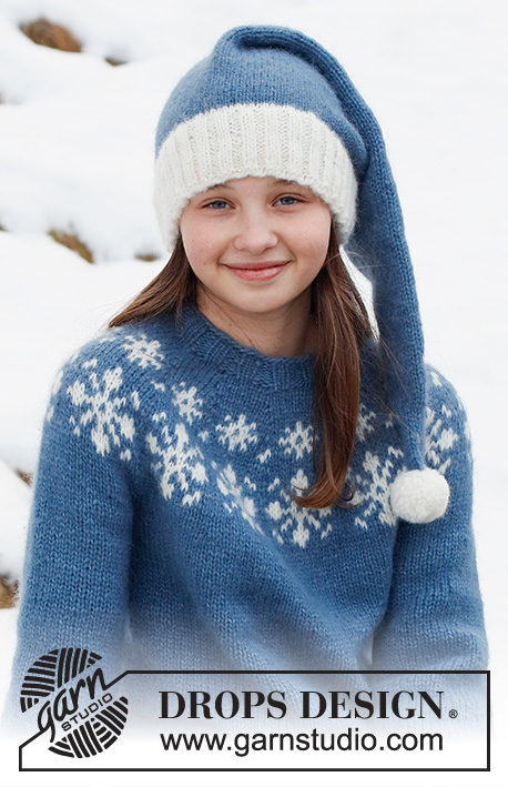 Merry Stars / DROPS Children 41-4 - DROPS Air lõngast ülevalt alla kootud lumehelveste mustriga ümara passega džemper ja alt üles kootud tutiga päkapiku müts 2 kuni 14 aastasele lapsele 
Teema: jõuludeks
