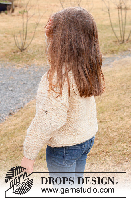 Icing on the Cake / DROPS Children 44-13 - Knitted jumper for children in DROPS Alaska. The piece is worked bottom up with relief-pattern, moss stitch and double neck. Sizes 2 – 12 years.