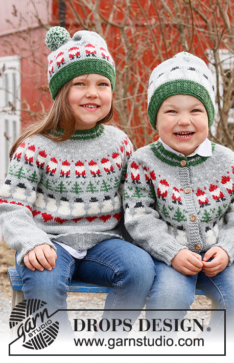 Christmas Time Sweater / DROPS Children 44-14 - Dětský pulovr s kruhovým sedlem s norským vzorem se skřítkem Santou, vánočním stromečkem a srdíčky pletený shora dolů z příze DROPS Karisma. Velikost 2 – 14 let. Motiv: Vánoce.