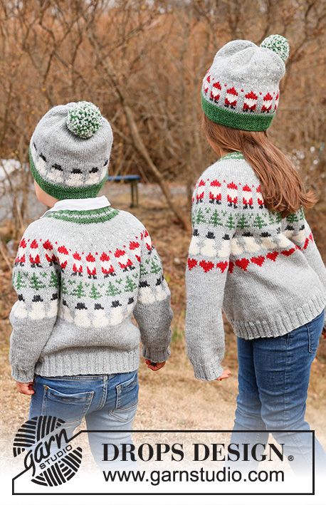 Christmas Time Cardigan / DROPS Children 44-17 - Gestrickte Jacke für Kinder in DROPS Karisma. Die Arbeit wird von oben nach unten mit Rundpasse und mehrfarbigem Muster mit Weihnachtswichteln, Tannen und Schneemännern gestrickt. Größe 2 – 14 Jahre. Thema: Weihnachten.