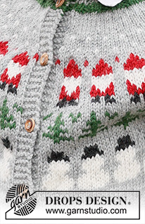 Christmas Time Cardigan / DROPS Children 44-17 - Gestrickte Jacke für Kinder in DROPS Karisma. Die Arbeit wird von oben nach unten mit Rundpasse und mehrfarbigem Muster mit Weihnachtswichteln, Tannen und Schneemännern gestrickt. Größe 2 – 14 Jahre. Thema: Weihnachten.