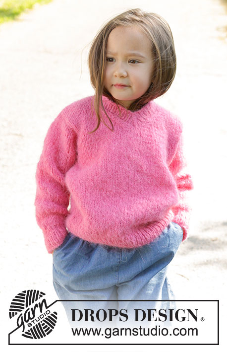 Sugarplum Fairy / DROPS Children 47-1 - Dětský pulovr s V-výstřihem pletený zdola nahoru lícovým žerzejem z příze DROPS Melody. Velikost 2 až 12 let.