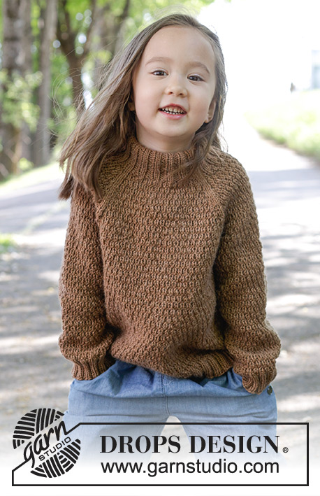 Chocolate Puff / DROPS Children 47-11 - Knitted jumper for children in DROPS Lima or DROPS Daisy. The piece is worked top down with relief-pattern, double neck and raglan. Sizes 2 – 12 years.