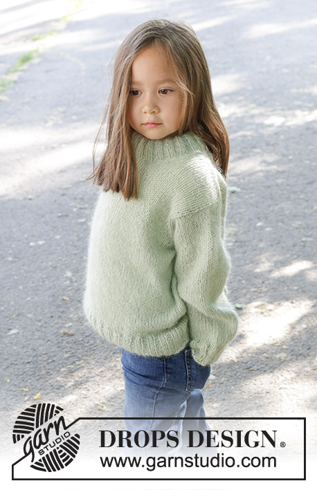 Sweet Peppermint / DROPS Children 47-12 - Knitted jumper for children in DROPS Alpaca and DROPS Kid-Silk. The piece is worked top down, with European/diagonal shoulders and double neck. Sizes 2 – 12 years.