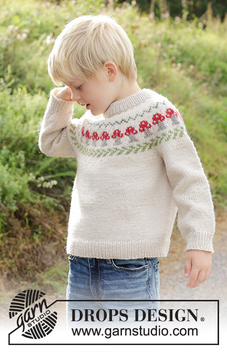 Mushroom Season Sweater / DROPS Children 47-13 - Strikket genser til barn i DROPS Karisma. Arbeidet strikkes ovenfra og ned med dobbel halskant, rundfelling og flerfarget mønster med sopp. Størrelse 2 – 14 år.