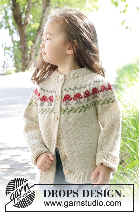 Mushroom Season Cardigan / DROPS Children 47-15 - Knitted jacket for children in DROPS Karisma. The piece is worked top down with double neck, round yoke and multi-coloured mushroom pattern. Sizes 2 – 14 years.