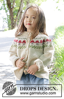 Mushroom Season Cardigan / DROPS Children 47-15 - Casaco tricotado de cima para baixo para criança, em DROPS Karisma. Tricota-se com gola dobrada, encaixe arredondado e jacquard de cogumelos. Tamanhos: 2 - 14 anos.