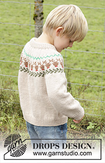 Reindeer Dance Sweater / DROPS Children 47-18 - Knitted jumper for children in DROPS Daisy. The piece is worked top down with double neck, round yoke and multi-coloured reindeer pattern. Sizes 2 – 14 years.
