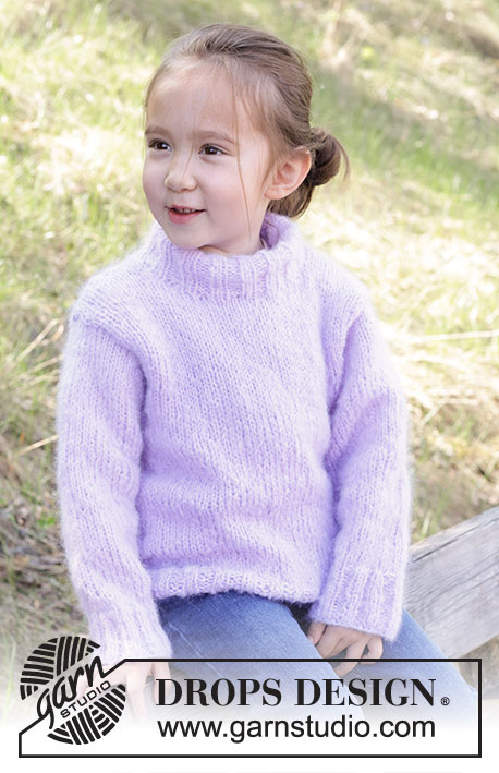 Smiling Lavender Sweater / DROPS Children 47-2 - Pull tricoté de bas en haut pour enfant en DROPS Melody. Se tricote en jersey avec col doublé. Du 2 au 12 ans.