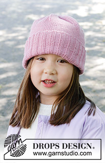 Candy Kiss Hat / DROPS Children 47-27 - Lapsen neulottu myssy DROPS Merino Extra Fine -langasta. Työssä on sileää neuletta ja taitereuna. Koot 2 - 12 vuotta.