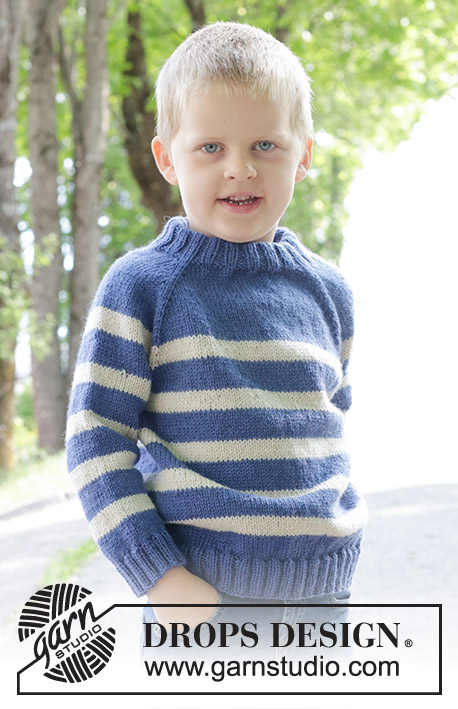 Meet the Captain / DROPS Children 47-5 - Knitted sweater for children in DROPS Karisma. The piece is worked top down with double neck, stripes and raglan. Sizes 2 – 12 years.