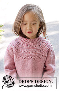 Running Circles Sweater / DROPS Children 47-8 - Kötött pulóver gyerekeknek DROPS Merino Extra Fine fonalból. A darabot fentről lefelé irányban készítjük, kerek vállrésszel, csipkemintával és dupla nyakkal. 2 - 12 éveseknek való méretekben