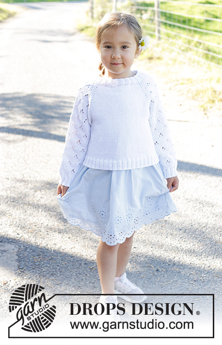Daisy Fields / DROPS Children 48-1 - Knitted sweater for children in DROPS Muskat. The piece is worked top down with raglan, and lace pattern on the sleeves. Sizes 2 – 12 years.