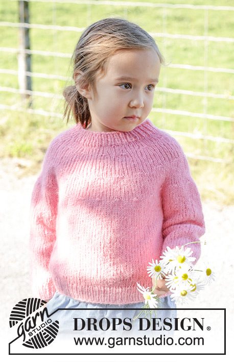 Bright Strawberry Sweater / DROPS Children 48-6 - Pulôver tricotado de cima para baixo para criança, em DROPS Air. Tricota-se com encaixe arredondado. Tamanhos: 3 - 14 anos.