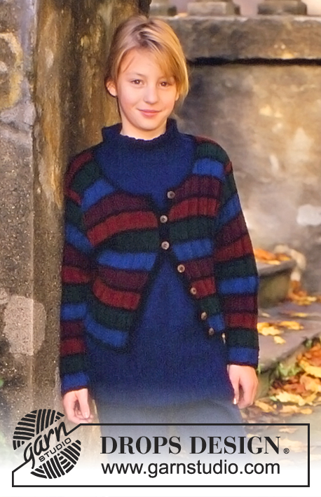 DROPS Children 7-8 - DROPS Jakke i Safran med striper i struktur og genser i silke-tweed.