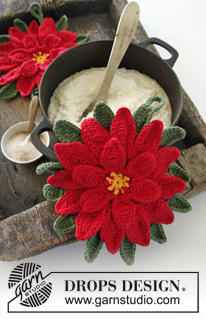 Christmas Star / DROPS Extra 0-1000 - DROPS Christmas: Crochet DROPS pot holder in ”Paris” with decorative flower in ”Cotton Viscose”.