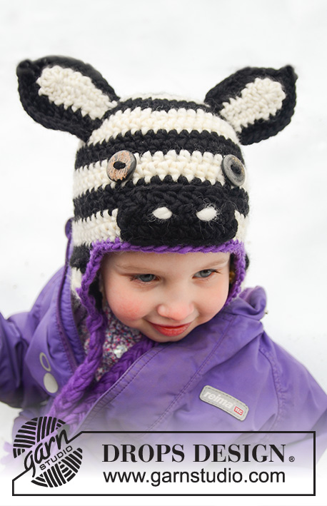 Pembe / DROPS Extra 0-1019 - Hæklet zebra hue til baby og børn i DROPS Snow. Arbejdet strikkes med øreklapper. Størrelse 1-8 år.