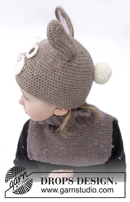 Honey Bunny / DROPS Extra 0-1022 - DROPS Easter: Crochet Easter bunny hat and knitted neck warmer in ”Lima”.