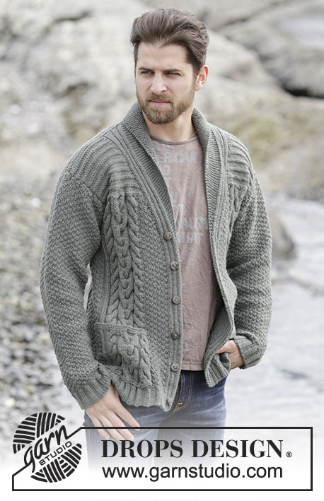 Finnley / DROPS Extra 0-1132 - Men's knitted jacket in DROPS Lima, with cables and shawl collar. Size: S - XXXL.