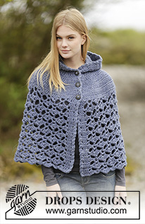Erendruid / DROPS Extra 0-1166 - Crochet DROPS poncho with hood, fan pattern, worked top down in ”Andes”. Size: S - XXXL.