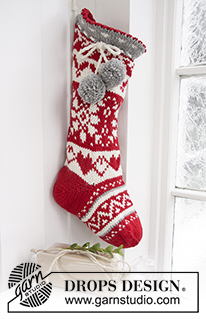 Sweet Treasures / DROPS Extra 0-1192 - Knitted Christmas stocking in DROPS Nepal. Piece is worked with Nordic pattern and pompoms. Theme: Christmas