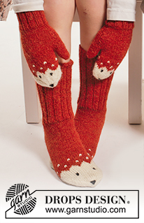 Miss Fox / DROPS Extra 0-1217 - Setter består av: Strikkede DROPS votter, lue og sokker i ”Alpaca” med revemønster. Str 0 mnd - 14 år til barn og baby