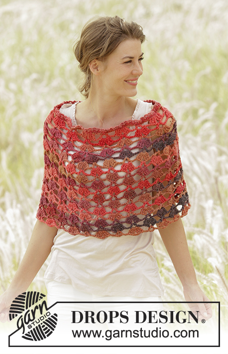 Chili Flakes / DROPS Extra 0-1272 - Crochet DROPS poncho with fan pattern, worked top down in ”Big Delight”. Size S-XXXL.