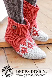 Ruby Toes / DROPS Extra 0-1342 - Pantufas com jacquard norueguês e ponto jarreteira para o Natal tricotadas a partir da ponta em DROPS Nepal. Do 35 ao 42
