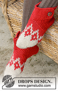 Ruby Toes / DROPS Extra 0-1342 - Knitted slippers with Nordic pattern and ridges for Christmas in DROPS Nepal, worked from toe up.
