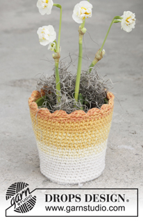 Easter Blossom / DROPS Extra 0-1373 - Flower pot cover, fitted, worked bottom up in 2 strands DROPS Paris. DROPS