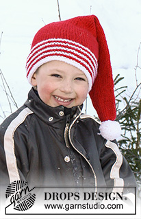 Sweet Carolers / DROPS Extra 0-1395 - Knitted hat for children in DROPS Nepal. Piece is worked as a Santa hat with striped edge. Size 3 - 12 years. Theme: Christmas