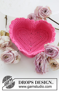 Forever Love / DROPS Extra 0-1452 - Crocheted heart shaped basket for Valentine. The piece is worked in DROPS Paris. Theme: Valentine’s day