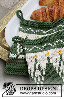 Breakfast Joy / DROPS Extra 0-1462 - Świąteczna łapka / rękawica kuchenna na drutach, z żakardem norweskim z włóczki DROPS Paris. 
Temat: Boże Narodzenie.