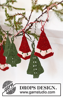 Forest Garland / DROPS Extra 0-1544 - Ornamento em forma de árvore de Natal tricotado em DROPS Paris. Tricota-se de cima para baixo, em ponto jarreteira. Tema: Natal.