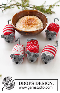 Christmas Mice / DROPS Extra 0-1548 - Strikkede mus julepynt med nordisk mønster og striper i DROPS Fabel. Tema: Jul.
