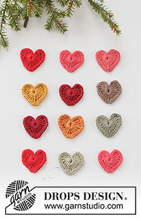 Tiny Happy Hearts / DROPS Extra 0-1564 - Gehaakte harten in DROPS Safran. Thema: Kerst.