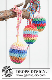 Easter Eggs / DROPS Extra 0-1598 - Ovos decorativos de Páscoa crochetados em DROPS Paris. Crochetam-se em redondo, de cima para baixo, com riscas. Tema: Páscoa.