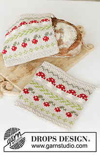Mushroom Season Potholders / DROPS Extra 0-1603 - Knitted pot holders in DROPS Cotton Light. The piece is worked with a multi-coloured pattern of fungus and berries. Theme: Christmas.