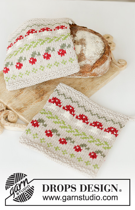 Mushroom Season Potholders / DROPS Extra 0-1603 - Knitted pot holders in DROPS Cotton Light. The piece is worked with a multi-colored pattern of fungus and berries. Theme: Christmas.