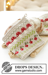 Mushroom Season Potholders / DROPS Extra 0-1603 - Chňapky s pestrobarevným norským vzorem s houbami a bobulemi pletené z příze DROPS Cotton Light. Motiv: Vánoce.