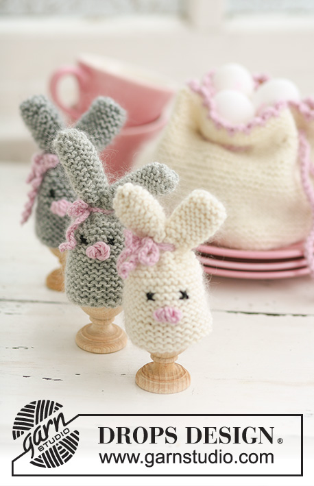 Cozy Bunnies / DROPS Extra 0-545 - DROPS Easter bunny egg warmer and egg basket in ”Merino” and ”Kid-Silk”.