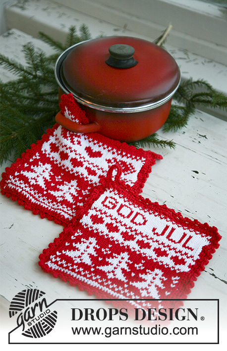 God Jul / DROPS Extra 0-577 - Knitted pot holder in DROPS Paris. Piece is worked with Nordic pattern with heart and Christmas tree. Theme: Christmas
