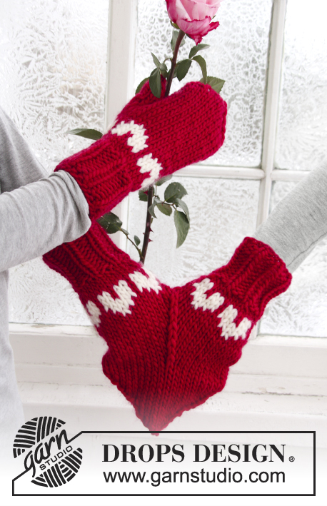 Love Glove / DROPS Extra 0-610 - Knitted muff or mitten for women and men in DROPS Snow. Piece is worked with pattern with heart. Size S - L. Theme: Christmas